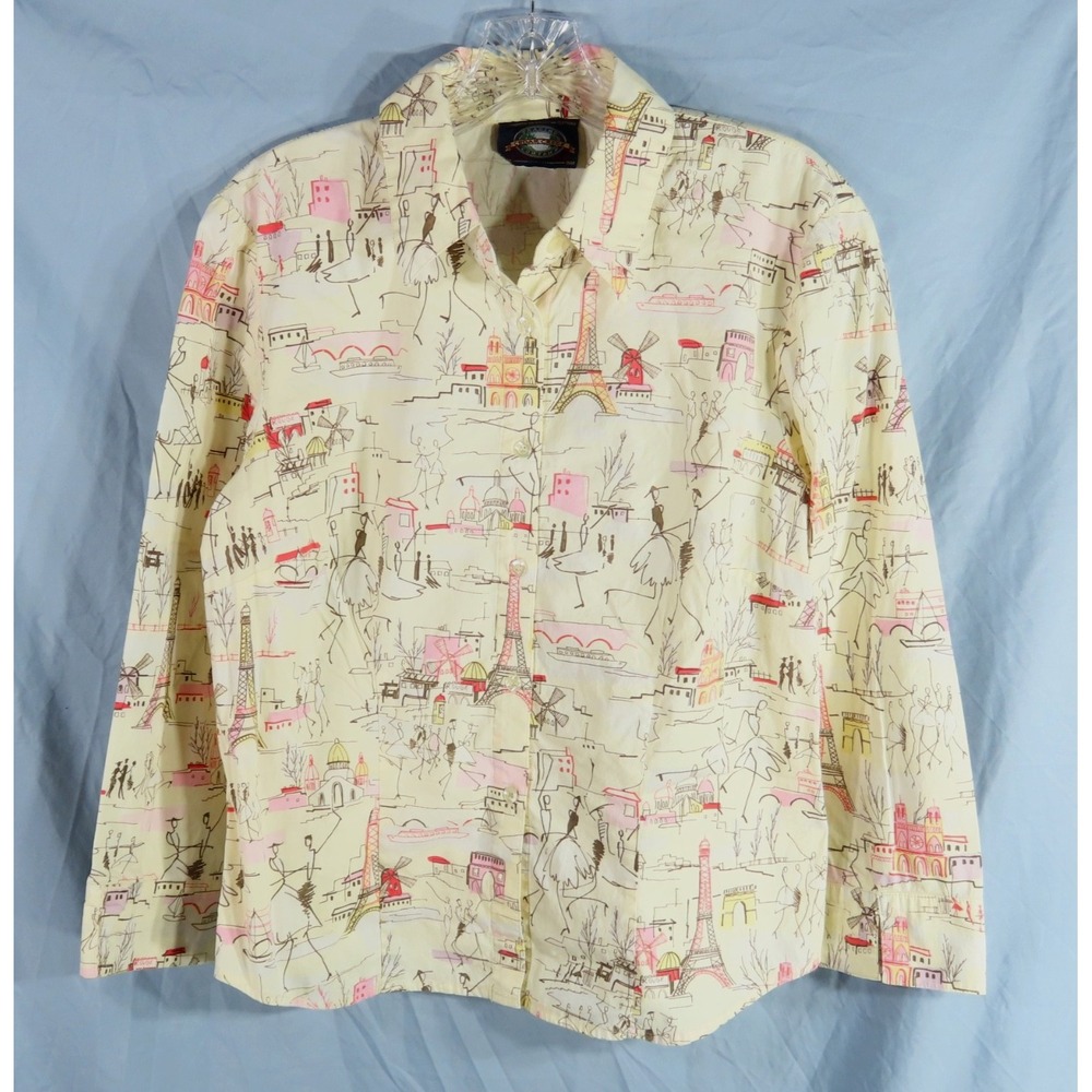 VTG Cedar Creek Button-Up Shirt Top POP ART PARIS STICK PEOPLE Landmark Scenes M